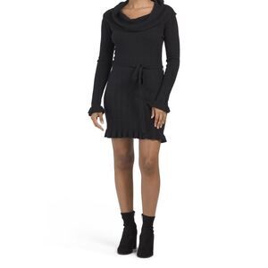 VERTIGO Cowl Neck Pleated Skirt Waist Tie‎ Ribbed Knit Mini Dress Size M Black